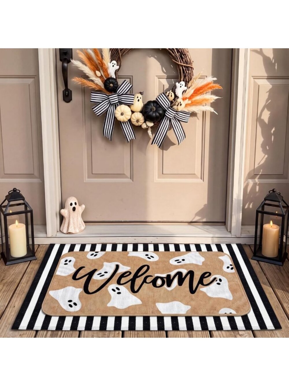 2-Piece Halloween Door Mat Set - Outdoor Ghost Welcome Rugs for Festive Decor